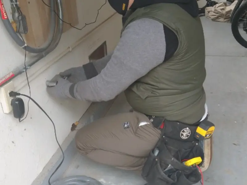 Electrician performing outlet wiring in a Commerce City garage